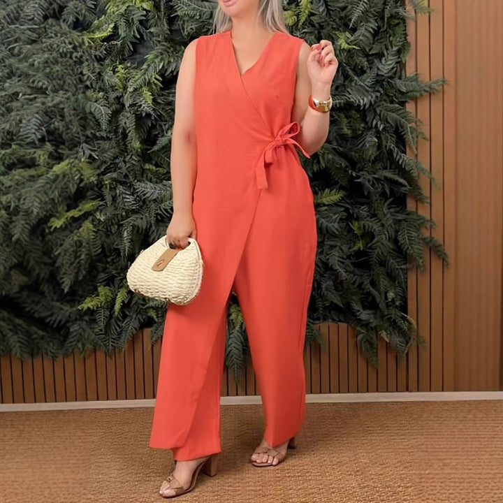 Laurance | Women's Solid V-Neck Casual Jumpsuit with Tie Belt