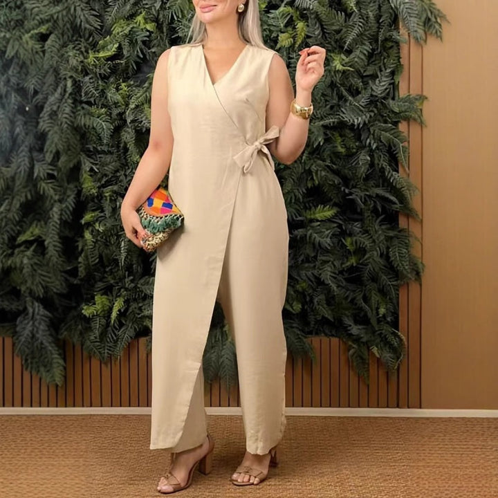 Laurance | Women's Solid V-Neck Casual Jumpsuit with Tie Belt