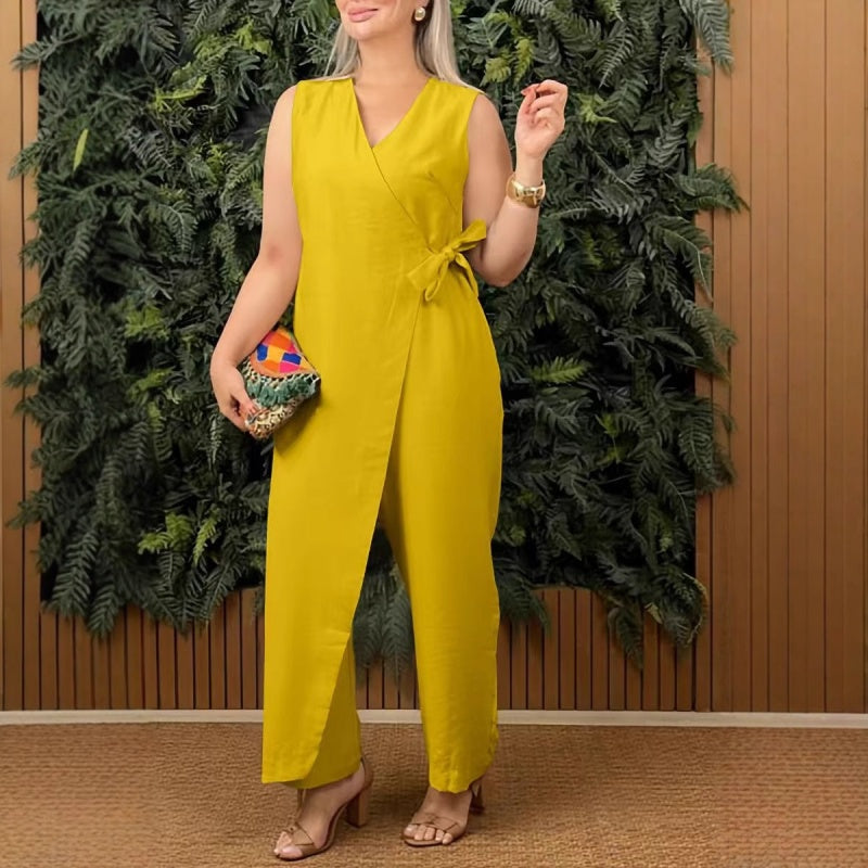 Laurance | Women's Solid V-Neck Casual Jumpsuit with Tie Belt